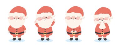 Noel Koleksiyonu. Beyaz arka planda Noel Baba çizgi filmi. İzole edilmiş. Tatlı Noel Baba tasarımı. Kış.Kış. Kart, poster, bebek üretimi için görüntü..