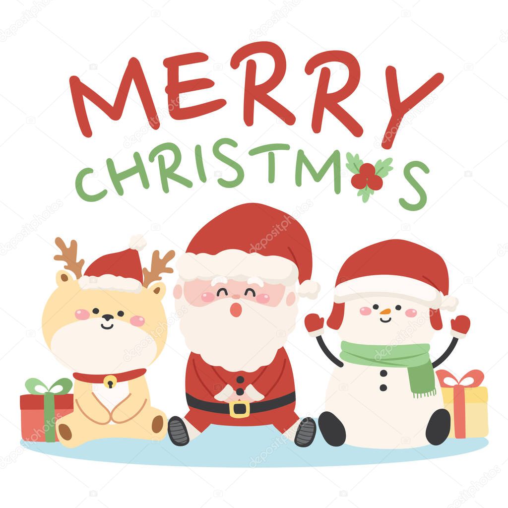 Merry Christmas.Santa claus,snow man,reindeer sit on white background.Cute cartoon character design.Image for card,banner,wallpaper.Kid graphic.Kawaii.Winter.Holiday.Festival.Vector.Illustration.