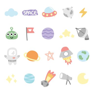 Uzay konsepti karikatüründe ikon koleksiyonu. Ay, gezegen, dünya, yıldız, roket, uzaylı el çizimi. Pastel. Kawaii.Vector. Görüntü.