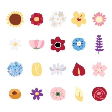 Karalama el çiziminde şirin bir çiçek seti. Grafik tasarımı. Doğa. Kawai Vector..