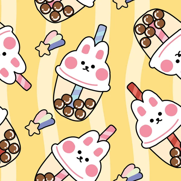 Seamless Pattern Cute Rabbit Face Cup Bubble Milke Tea Yellow — Stock vektor