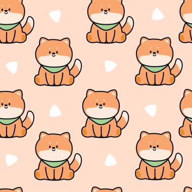 Shiba inu köpek karikatürünün kusursuz deseni. Japon evcil hayvanı. Hayvan karakteri tasarımı. Kawai Vector..