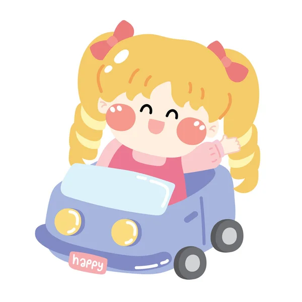 可爱的快乐的女孩坐在玩具车上 人物卡通人物设计 游戏时间 — 图库矢量图片