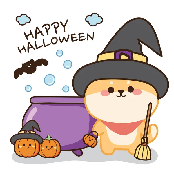Halloween Concept Shiba Inu Dog Witch Poison Pot Pumpkin Cartoon — Stock Vector