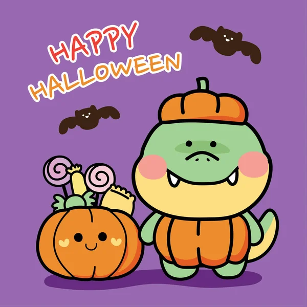 Halloween Concept Cute Crocodile Costume Cartoon Purple Background Pumpkin Candy — Stock Vector