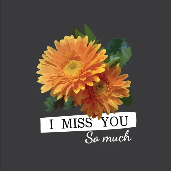 Virág Miss You Much Text Gray Background Kép Kártya Tapéta — Stock Vector