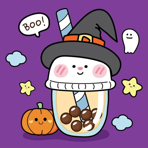 Halloween Concept Cute Bubble Milk Tea Rabbit Witch Cup Cartoon — Stock Vector