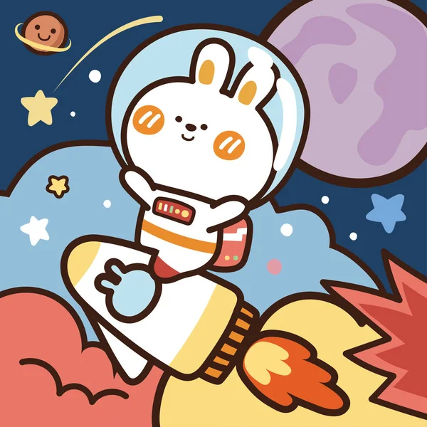 Lapin Astronaute Assis Sur Fusée Cartoon Character Design Galaxy Fond — Image vectorielle