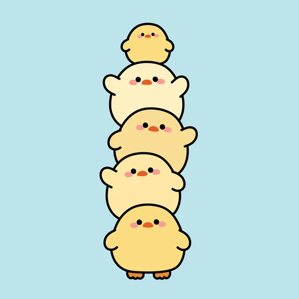 Cute Chubby Chicken Stay Together Blue Background Farm Animal Character — 图库矢量图片