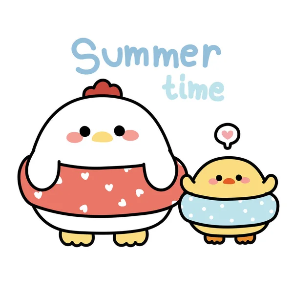 Cute Hen Chicken Wear Swimming Ring Summer Time Text Funny — 图库矢量图片