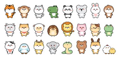 Beyaz arka planda bir dizi hayvan el çizimi karikatürü. Vahşi, çiftlik, hayvan kolleksiyonu. Sevimli karakter tasarımı. Mutluluk gülümse..