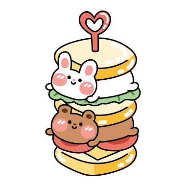 Sevimli oyuncak ayı ve tavşan sandviçte yatıyordu. Komik hayvan karakteri çizimi. Kahvaltı çizimi. İzole edilmiş..