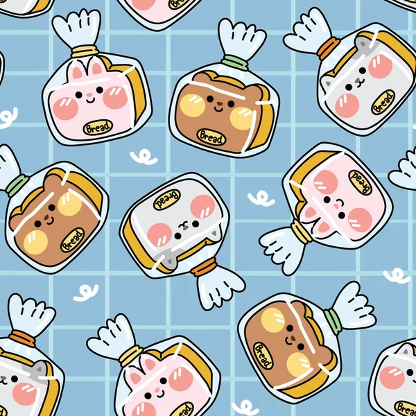 Seamless Pattern Cute Bread Animal Shape Blue Background Cartoon Background — Vettoriale Stock