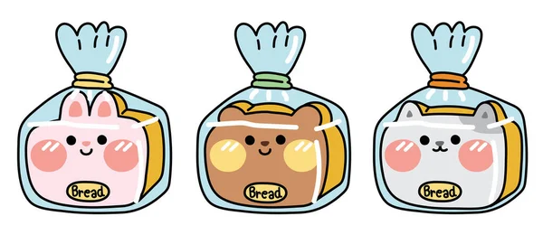 Set Cute Bread Animal Face Shape Funny Character Cartoon Design — Archivo Imágenes Vectoriales