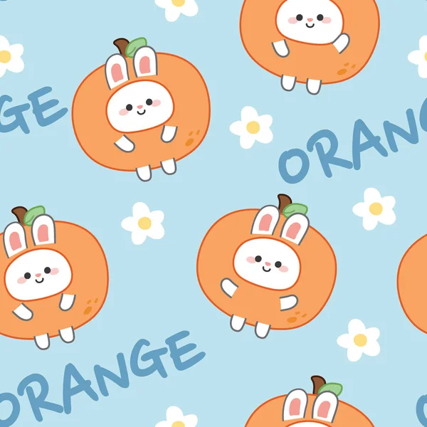 Seamless Pattern Cute Rabbit Orange Costume Flower Cartoon White Background — Image vectorielle