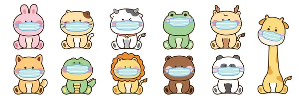 Set Cute Animals Wear Mask Protect Virus Cartoon Character Design — Stock vektor