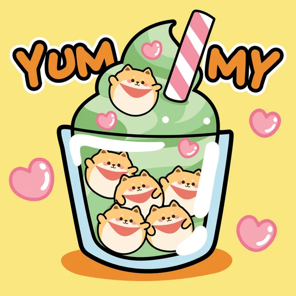 Shiba Inu 버블로 소프트 아이스 크림노란 Yummy Text Animal Character — 스톡 벡터