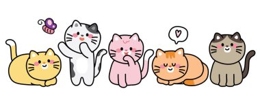 Çeşitli karikatürlerdeki sevimli kedi setleri çizilmiş. Hayvan karakter tasarımı koleksiyonu. İzole edilmiş..