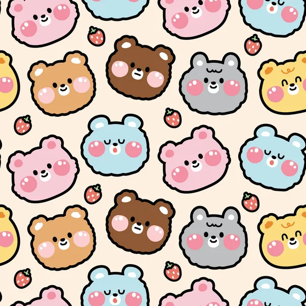 Seamless Pattern Cute Face Bear Strawberry Cartoon Background Animal Character — Stock vektor