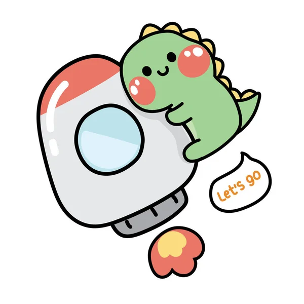 Cute Dinosaur Rocket Cartoon Hand Drawn White Background Funny Animal — ストックベクタ
