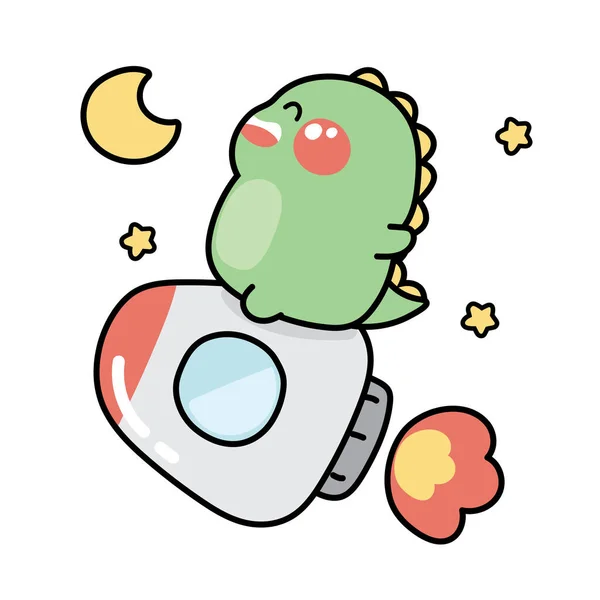 Cute Happy Dinosaur Sit Rocket Star Moon Cartoon Funny Animal — Wektor stockowy
