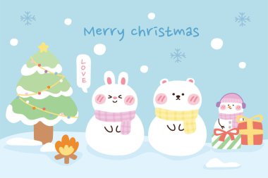 Tavşan ve Ayı, karlı zeminde kardan karakter çizgi filmi. Kış konsepti. Mutlu Noel yazıları. Duvar kağıdı..