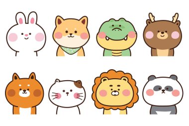 Sevimli el yapımı hayvan koleksiyonu. Karakter karikatürü. Tavşan, köpek, timsah, geyik, tilki, kedi, aslan, panda. Kawaii.Illustration.