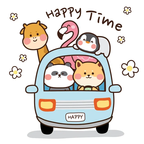 Animals Sitting Blue Car Flower Background Character Design Cute Cartoon — Vector de stock