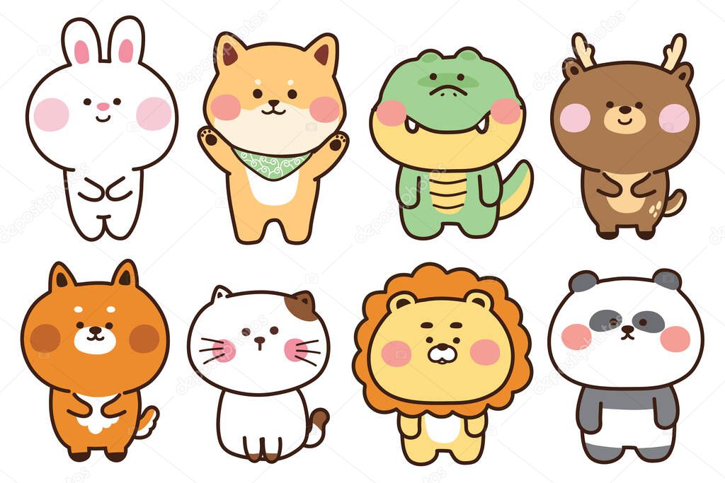 Set of cute animals on white background.Hand drawn characters.Graphic design.Rabbit,dog,crocodile,deer,fox,cat,lion,panda.Kawaii.Vector.Illustration.