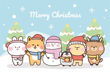 Kış kavramı. Kar altyapısı üzerine sevimli hayvan çizgi film karakteri tasarımı. Mutlu noeller. Geyik, ayı, penguen, tavşan, shiba inu dog, kardan adam..