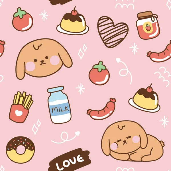 Seamless Pattern Cute Dog Pink Background Food Dessert Concept Animal — Vettoriale Stock