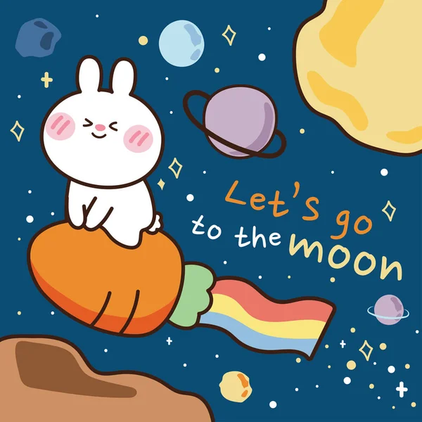 Galaxy Concept Cute Rabbit Ride Carrot Animal Character Hand Drawn — Image vectorielle