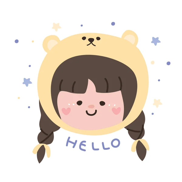 Kid Smile Face Wear Bear Hat Cartoon Hand Drawn Graphic — 图库矢量图片