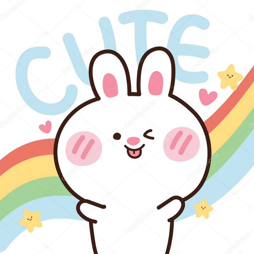 Cute rabbit on rainbow background.Animal character hand drawn design.Kid graphic.Vector.Illustration.