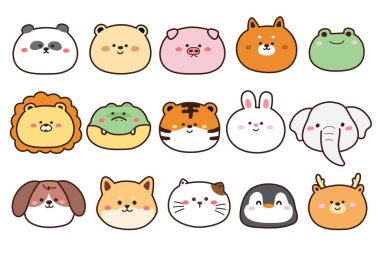 Çizgi filmdeki sevimli hayvan yüzleri. Karakter tasarımı. Panda, ayı, domuz, tilki, kurbağa, aslan, timsah, kaplan, tavşan, fil, köpek, kedi, penguen, geyik el çizimi..