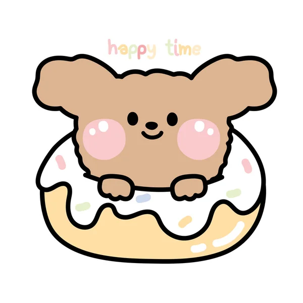 Cute Dog Donut Cartoon White Background Happy Time Text Animal — Archivo Imágenes Vectoriales