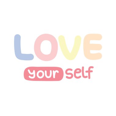 Beyaz arka planda hoş bir metin. Yazarken kendini sev. El çizimi. Pastel..