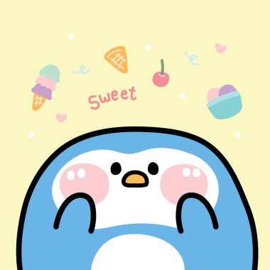 Sarı zemin üzerinde tatlı olan sevimli şişman penguen. Dondurma, kiraz, kalp karikatürü. Hayvan karakteri tasarımı. Çocuk grafiği..