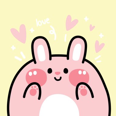 Sarı arka planda sevimli, şişman tavşan ve aşk metni. Hayvan karakteri tasarımı. Yalıtılmış. Paskalya..