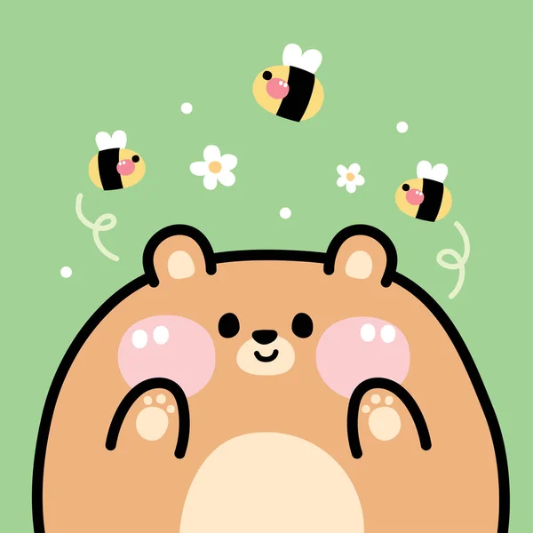 Cute Fat Bear Bee Flower Green Background Animal Character Cartoon — Vector de stock