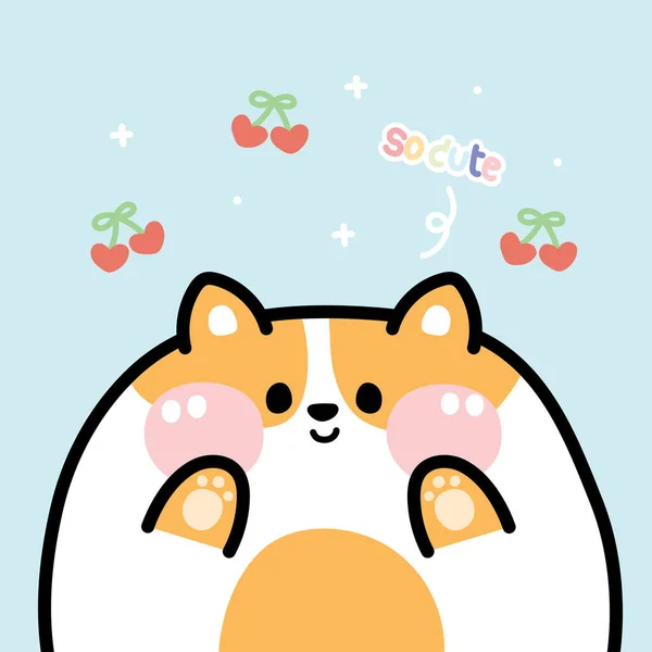 Cute Fat Cat Heart Shape Cherry Blue Background Funny Animal — Stock vektor