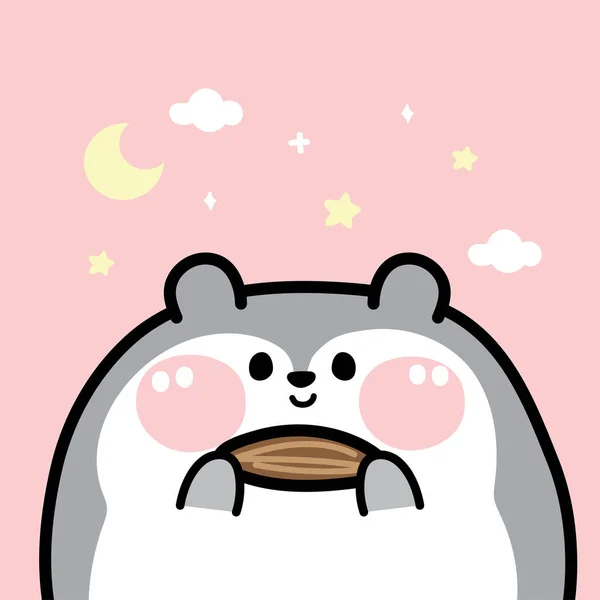 Cute Fat Hamster Hold Almonds Star Moon Pink Background Animal — Stock vektor