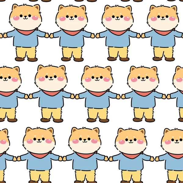 Seamless Pattern Cute Shiba Inu Dog Hold Hand Together White — Vector de stock