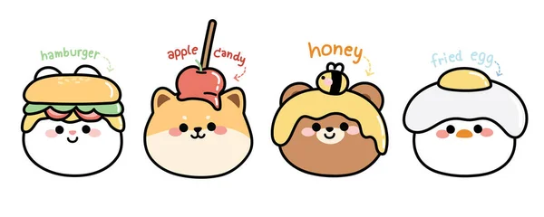 Set Cute Animal Food Head Funny Cartoon Character Design Collection — Stockvektor