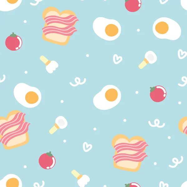 Seamless Pattern Cute Breakfast Blue Background Food Cartoon Hand Drawn — стоковый вектор