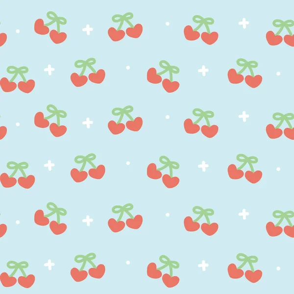 Naadloos Patroon Van Schattige Kers Hartvorm Blauwe Achtergrond Fruit Cartoon — Stockvector