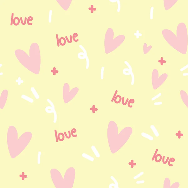 Seamless Pattern Cute Heart Love Text Yellow Background Pastel Color — стоковый вектор