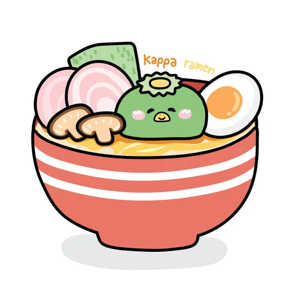 Cute Kappa Stay Ramen Cartoon Japanese Food Monster Hand Drawn — 스톡 벡터