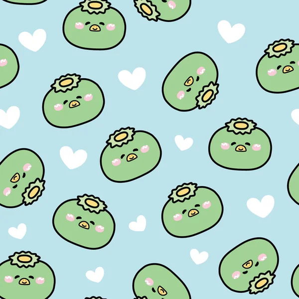 Seamless Pattern Cute Kappa Face Heart Blue Background Japanese Monster — 스톡 벡터