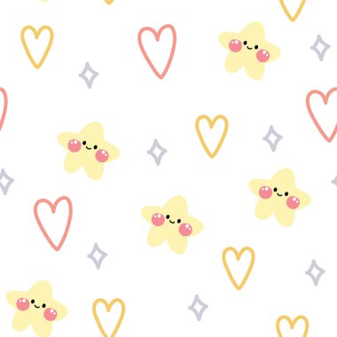 Seamless pattern of cute star and heart in pastel cartoon on white background.Hand drawn.Repeat.Kawaii.Vector.Illustration.